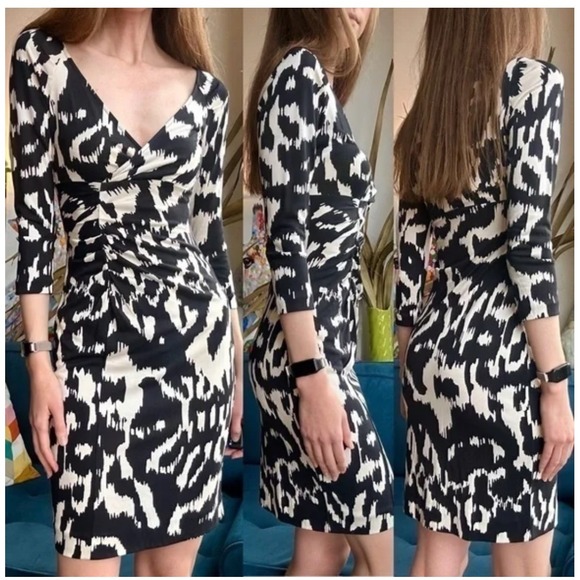 Diane von Furstenberg‎ Silk Dress 3/4 Sleeve Black White Print Size 4 - Picture 1 of 11